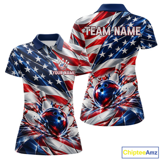 US Flag Broken Glass Bowling Shirt For Women Custom Strike Patriotic Bowling Tournament Team Jersey NYN4748