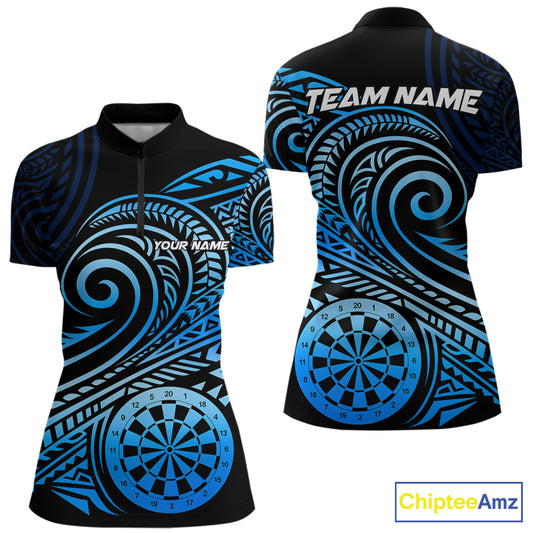 Black Blue Tribal Pattern Women Darts Polo & 1/4-Zip Shirt Personalized Tribal Dart Team Appeal NYN3007