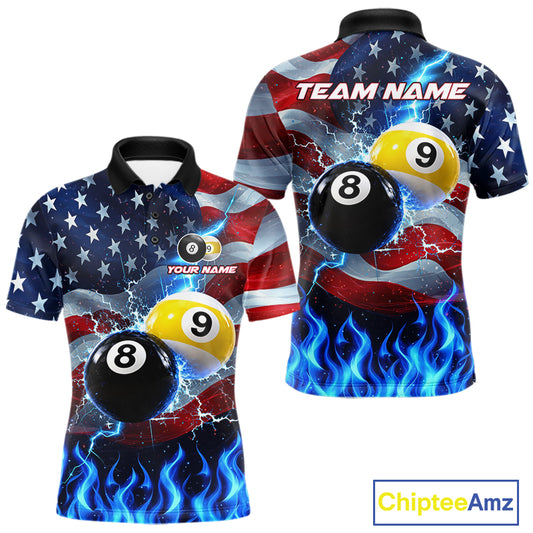 Custom 8 Ball 9 Ball Pool Billiards Polo 1/4-Zip Shirt For Men Blue Flames Thunder US Flag Billiard Jersey NYN4760
