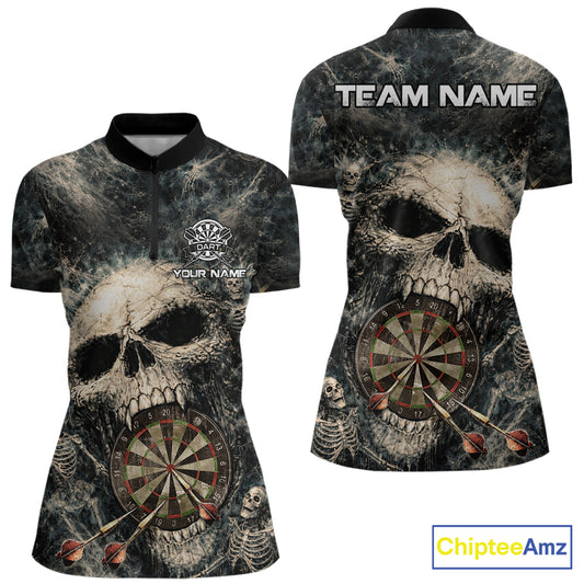 Grunge Horror Grey Skull Vintage Dartboard & Arrow Women Darts 1/4-Zip Shirt Custom Dart League Shirts NYN2642