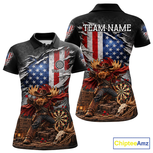 Cowboy Deer Funny Darts Polo 1/4-Zip Shirt For Women Custom US Flag Patriotic Darts Team Name Jersey NYN4395