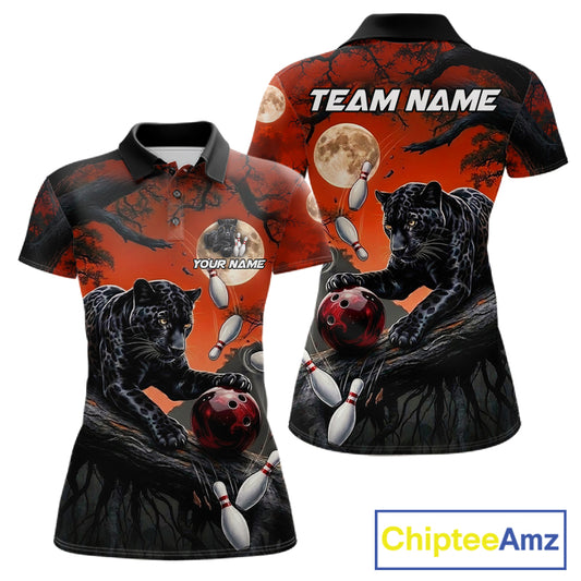 Women's black red panther bowling polo shirt custom bowling team jersey mockup