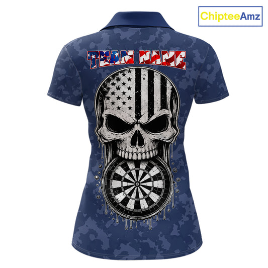 Patriotic American Flag Skull Eagle Camo Women's Darts Polo Shirt Mockup, Blue Custom USA Dart Team Jersey, Personalized Tournament Apparel