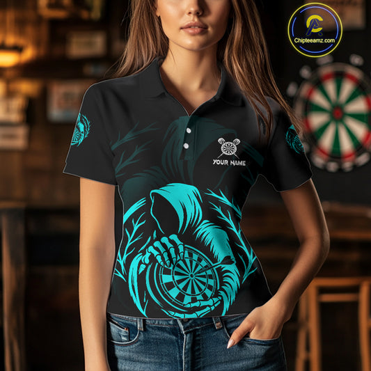 Custom Black And Turquoise Grim Reaper Dartboard Dart Women Polo Shirt Outfits Dart Jerseys NYN1638