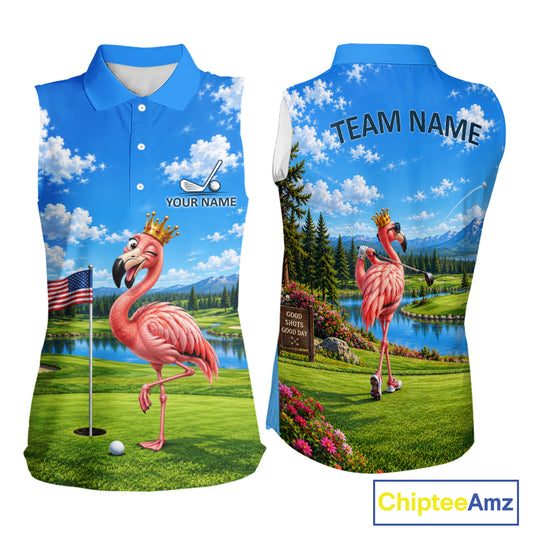 Crown Flamingo Golf Team Shirt Custom Funny Golf Sleeveless Polos For Women Matching Couples Golf Shirts NYN4441