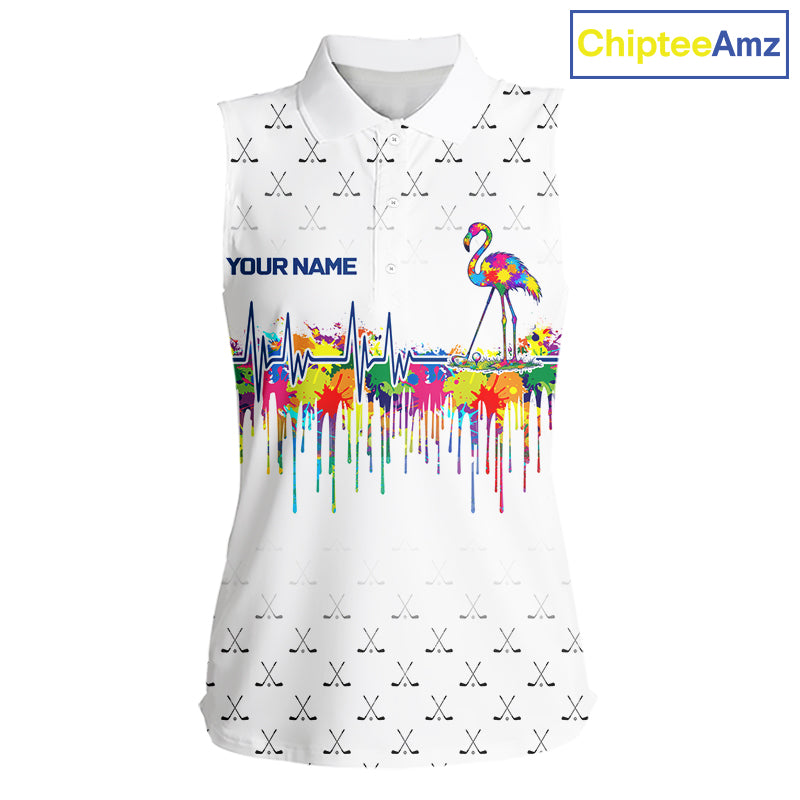 Watercolor Golf Heartbeat Flamingo Golf Sleeveless Polo Shirt For Women Custom White Golf Clubs Team Shirt NYN4443