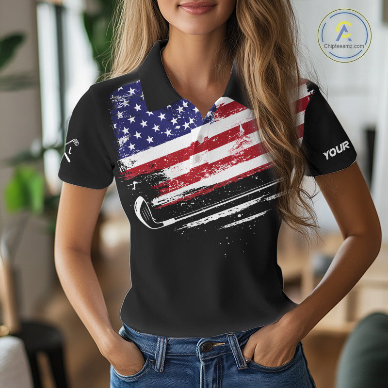 American Flag Eagle Women Golf Polo Shirts Custom Patriotic Team Golf Shirts, Golfer Gifts | Back NYN4444