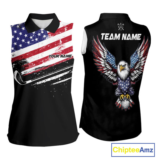 American Flag Eagle Women Golf Sleeveless Polo Shirts Custom Patriotic Team Golf Shirts, Golfer Gifts | Back NYN4444