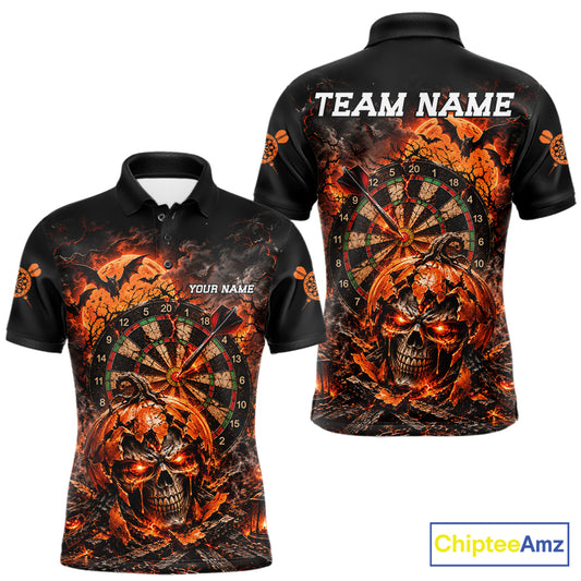 Custom Skull Pumpkin Darts Polo 1/4-Zip Shirt For Men Spooky Halloween Darts Tournament Jersey NYN4854