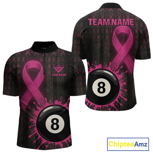 Billiard Breast Cancer Shirt For Men Personalized Pink Ribbon 8 Ball Pool Polo 1/4-Zip Jersey NYN4489
