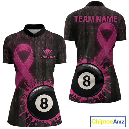 Billiard Breast Cancer Shirt For Women Personalized Pink Ribbon 8 Ball Pool Polo 1/4-Zip Jersey NYN4489