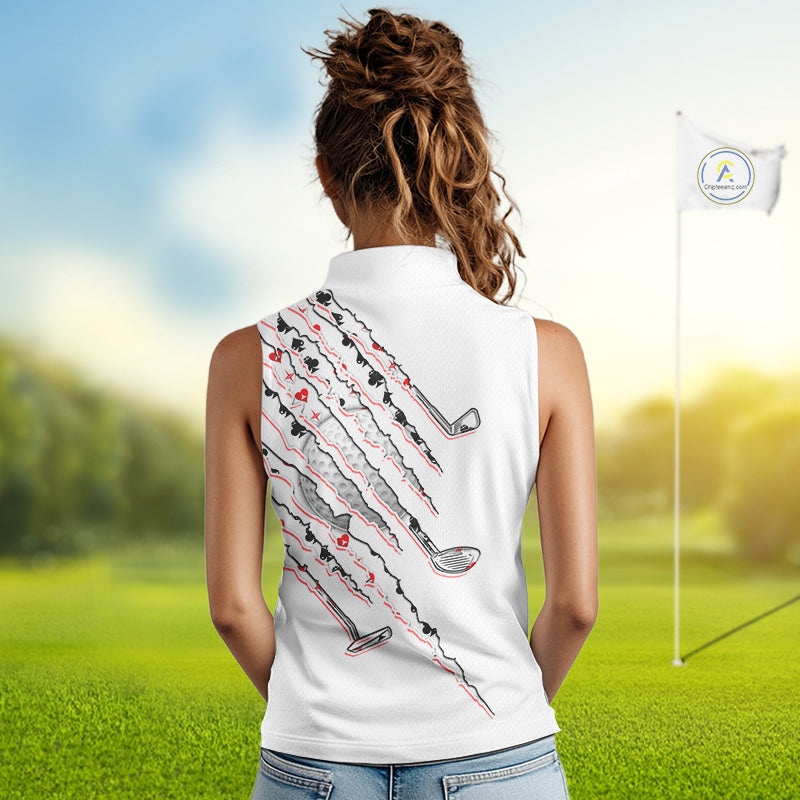 Poker Pattern Golf Sleeveless Polo Shirt For Womens Personalized White Golf Clubs Attire, Team Golf Outfit NYN2854