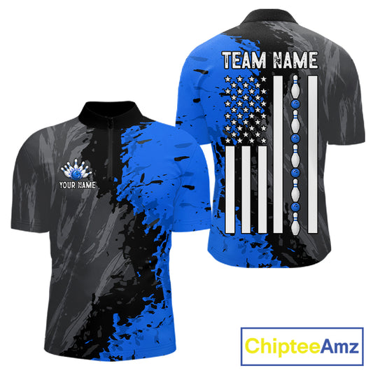 Black Grey Blue Grunge US Flag men's quarter zip bowling shirt custom patriotic bowling apparel