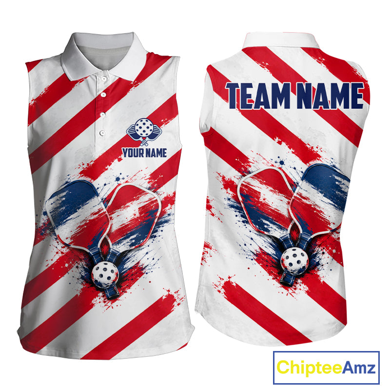 Custom Womens Sleeveless Polo Pickleball Shirt Red , Blue & White Splatter Pickleball Tournament Team Shirt NYN4119