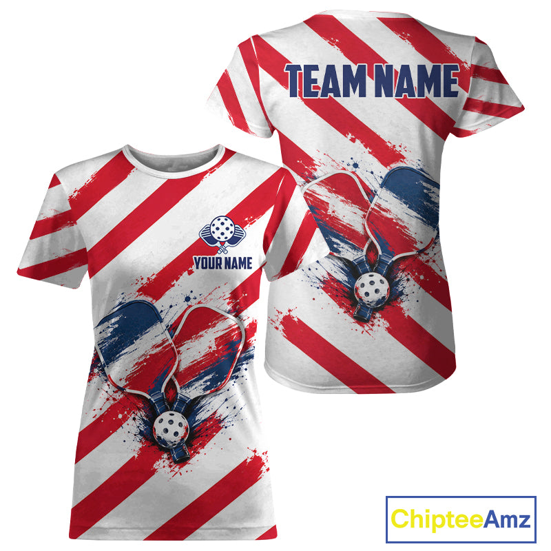 Custom Womens Pickleball Shirt Red , Blue & White Splatter Pickleball Tournament Team Shirt NYN4119