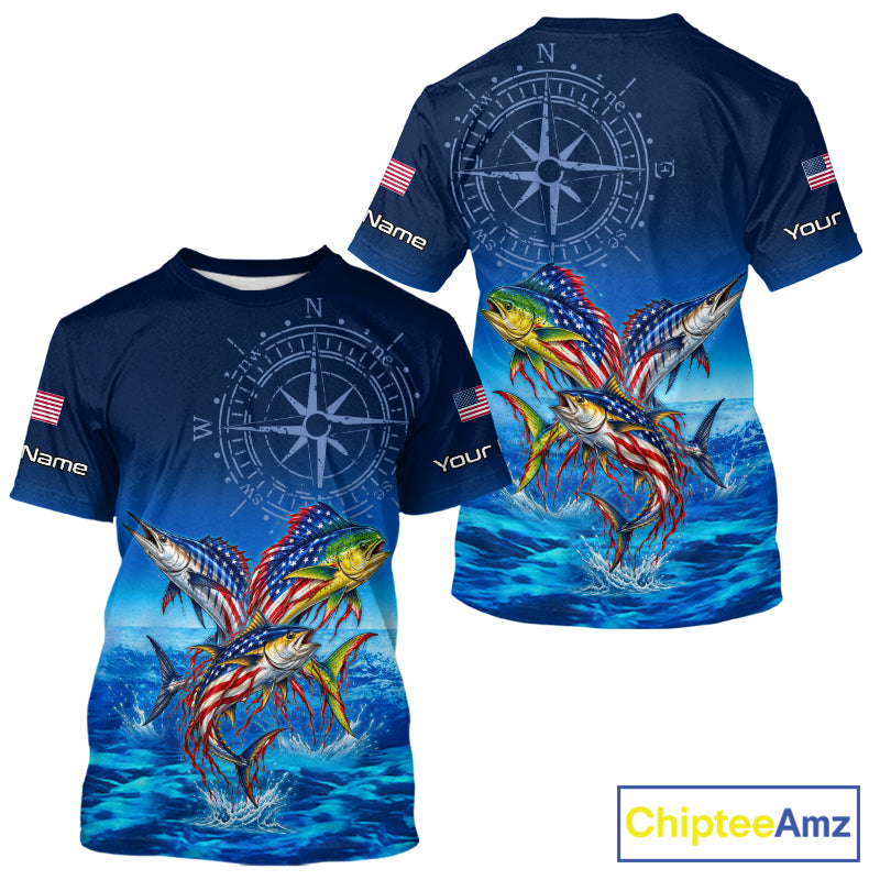 Personalized Mahi Mahi Wahoo Tuna Blue Performance Fishing Jersey Compass US Flag Fishing Tournament Shirt NYN4882