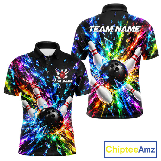 Colorful Crystal Broken Glass Mens Bowling Polo 1/4-Zip Shirt Custom Bowling Ball Pins Strike Jersey NYN4527