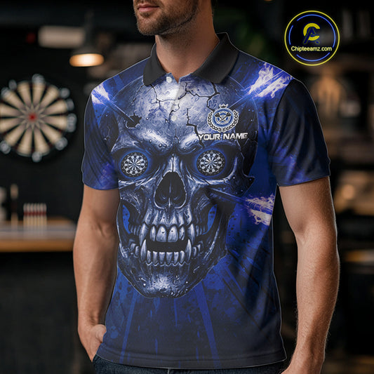 Custom Blue Flames Dart Arrow Cracked Skull Men Darts Polo Shirt Grunge Dart Gifts NYN1991