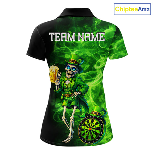 Funny Skeleton St Patrick's Day Women Darts Polo Shirt Custom Flame Shamrock Darts Team Jersey NYN2529
