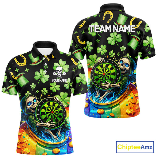 Rainbow Funny Skeleton Green Dartboard Men Darts Polo Shirt Custom St Patrick's Day Darts Jersey NYN2533