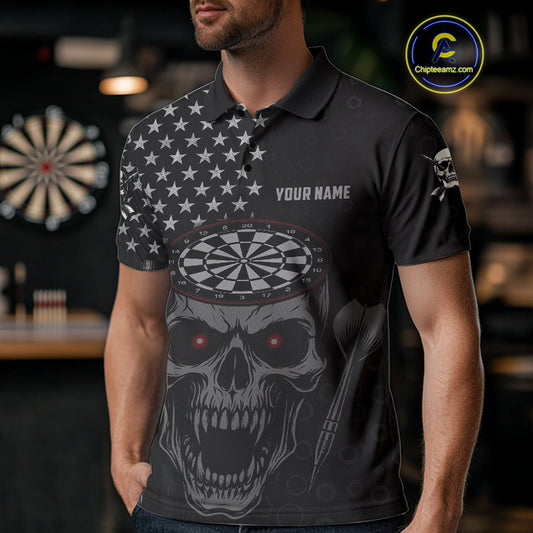 Custom Black Grey Grunge Skull Patriotic Dart Men Polo Jerseys USA Flag Dart Shirts NYN1726