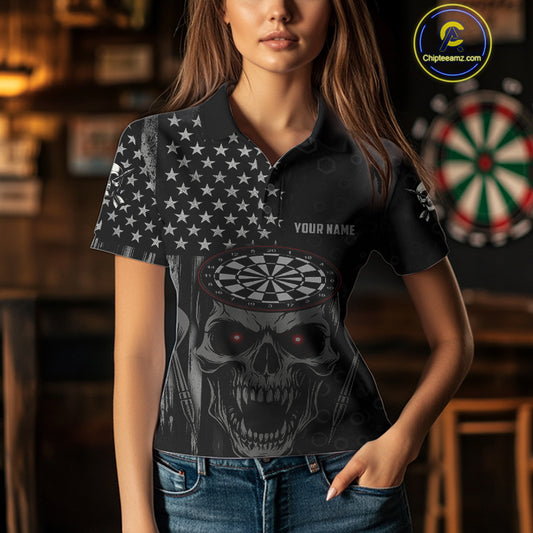 Custom Black Grey Grunge Skull Patriotic Dart Women Polo Jerseys USA Flag Dart Shirts NYN1726