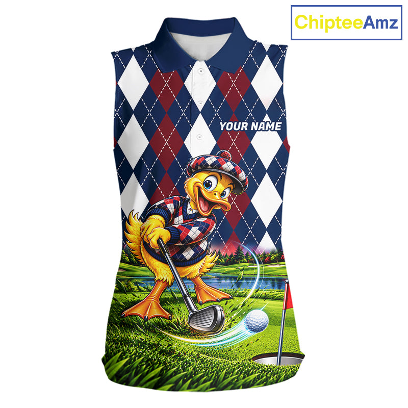 Custom Argyle Duck Women Golf Sleeveless Polo Shirt Funny Duck Golfer Maroon Navy Argyle Golf Jersey Golf Gift NYN4939