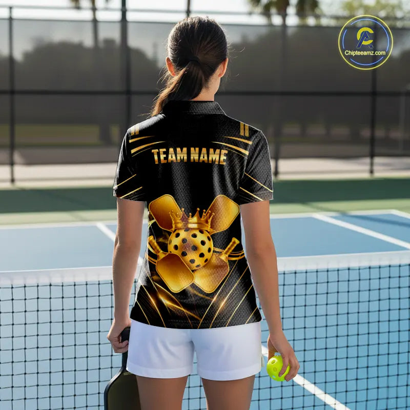Black And Gold Crown Paddle & Ball Pickleball Jerseys Custom Women Pickleball League Shirts NYN2233