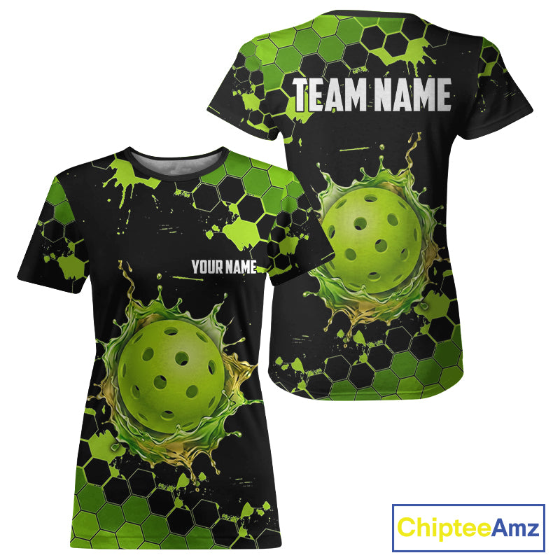 Custom Green Splatter Hexagon Pickleball Shirts For Women, Watering Pickleball Ball Team Outfit NYN3110