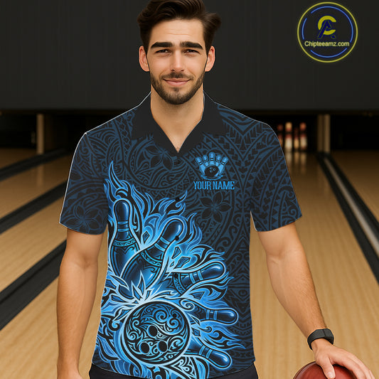 Male and female models wearing Blue Tribal Pattern bowling Hawaiian shirts, tribal-inspired bowling team apparel, tropical button-up shirts, resort vacation clothing representing strength, heritage, confidence and competitive teamwork