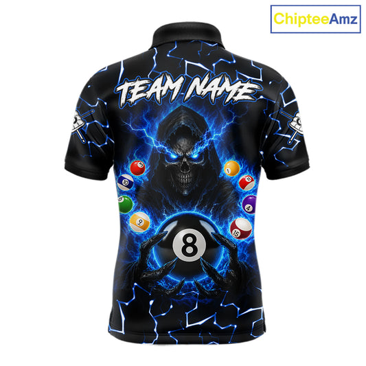 Lightning Blue Grim Reaper men's bowling polo shirt, custom skull bowling team jersey, personalized bowling league apparel