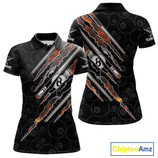 Women's Red Fire Flames billiard polo shirt featuring 8 Ball graphics, personalized pool league jersey, tournament apparel, custom cue sports clothing, moisture-wicking athletic polo.