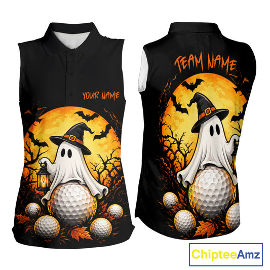 Custom Halloween Women Golf Sleeveless Polo Shirt Personalized Spooky Ghost Golfer Halloween Golf Jersey NYN4575