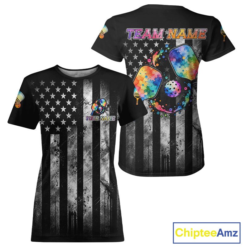 Patriotic Pickleball Shirt Women Custom US Flag Team Jersey Colorful Watercolor Pickleball Paddle Jersey NYN4587