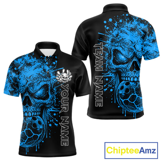 Blue Skull Bowling Jerseys Bowling Polo, 1/4 Zip Shirt Custom Bowling Team Shirt For Men Bowlers NYN4647