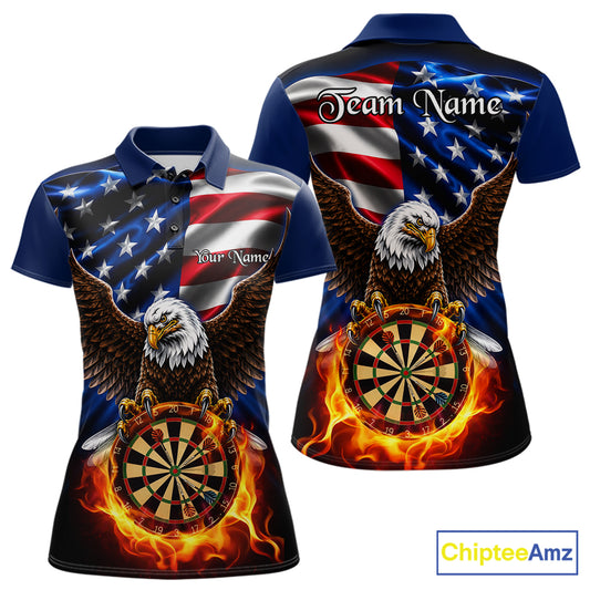 Custom Fire Flame Eagle Women's Dart Polo Shirt, American Flag Patriot Dart Team Jersey, Personalized Eagle Tournament Apparel, Freedom, Victory, Leadership