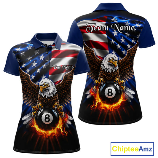 Custom Fire Flame Eagle 8 Ball Women's Billiard Polo Shirt, American Flag Patriot Pool Team Jersey, Personalized Billiards League Apparel, Performance Polo, Tournament Uniform, 8 Ball Pool, Cue Sports, USA Pride
