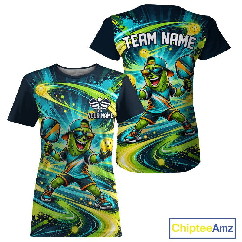 Cool Pickle Funny Pickleball Shirt For Women Custom Name Turquoise Green Swirl Pickleball Team Shirt NYN5011