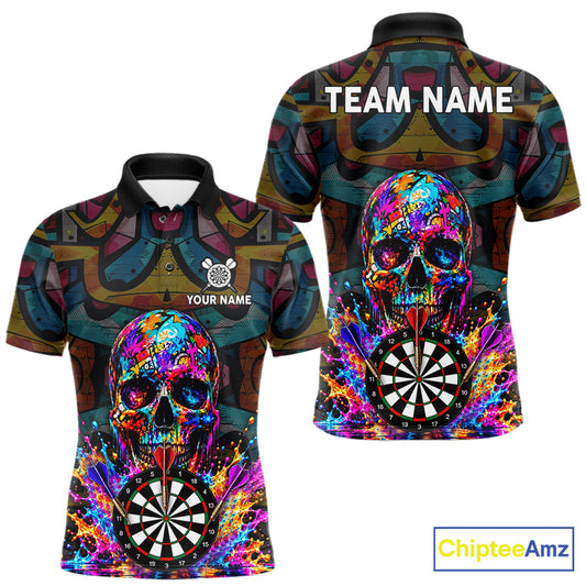 Custom Skull Dart Polo 1/4-Zip Shirt For Men Personalized Colorful Graffiti Dart Team Tournament Shirt NYN4660