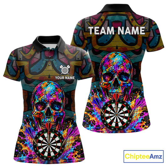 Custom Skull Dart Polo 1/4-Zip Shirt For Women Personalized Colorful Graffiti Dart Team Tournament Shirt NYN4660