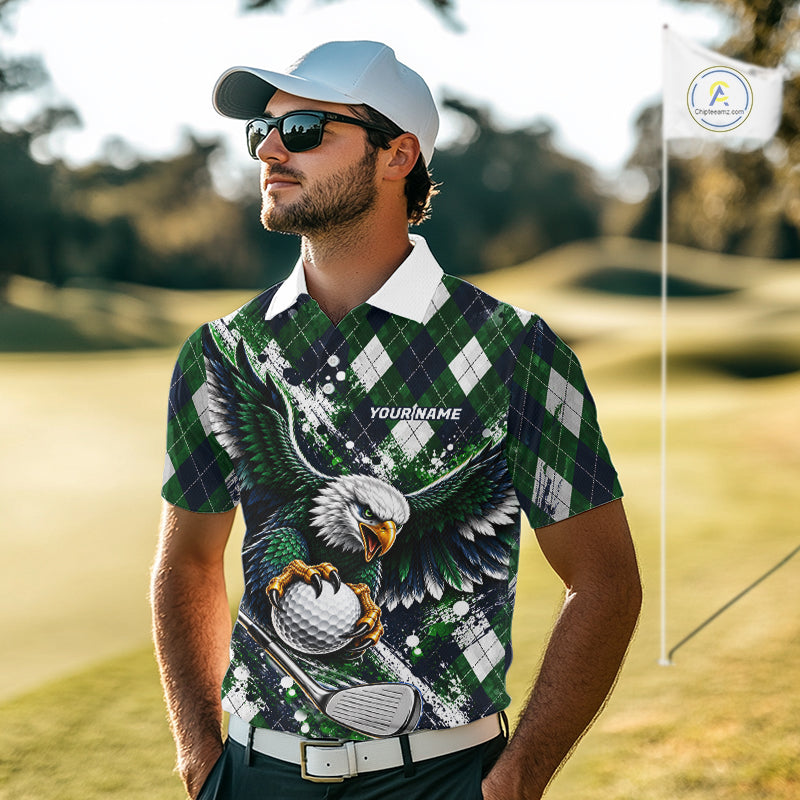 Green Argyle Pattern Eagle Golf Polo Shirt Custom Argyle Golf Team Golf Jersey For Men NYN5034