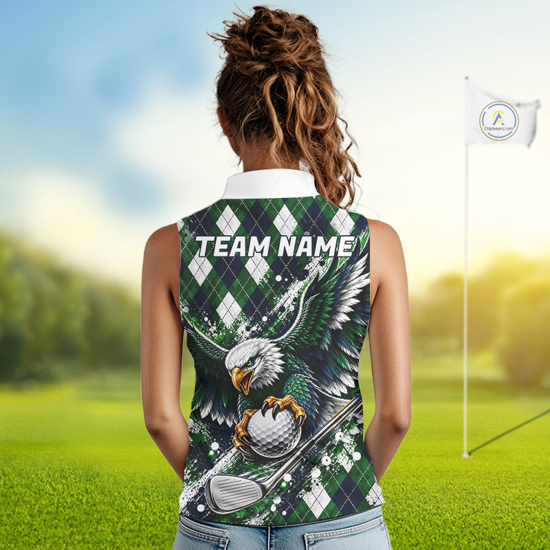 Green Argyle Eagle Golf Sleeveless Polo Shirt Custom Argyle Golf Team Golf Jersey For Women NYN5034