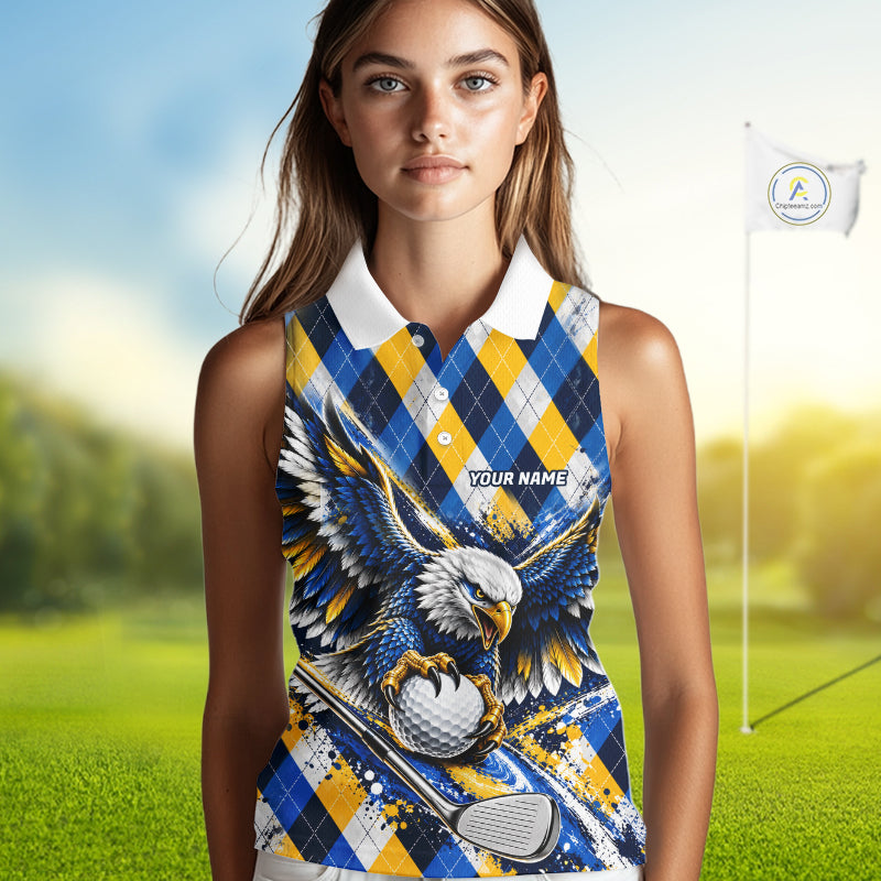 Blue & Yellow Argyle Eagle Golf Sleeveless Polo Shirt Custom Argyle Golf Team Golf Jersey For Women NYN5035