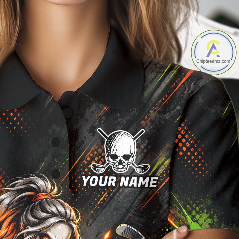 Personalized Skeleton Golf Polo Shirt For Women Flaming Golf Ball Hole Jersey Golfer Apparel Gift NYN5020