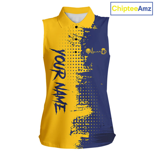 Blue & Yellow Womens Golf Beer Sleeveless Polo Shirt Personalized Name Golf Jersey Funny Golf Team Shirt NYN4674