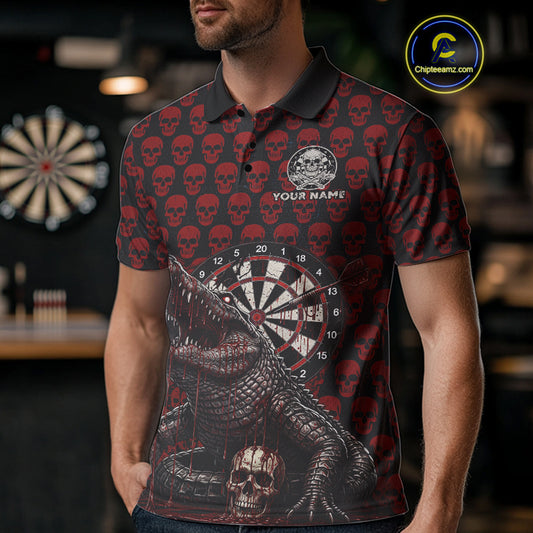 Funny Shark Blue Grunge Dartboard Custom Men's Polo Darts Shirt Skull Darts Jersey NYN1800