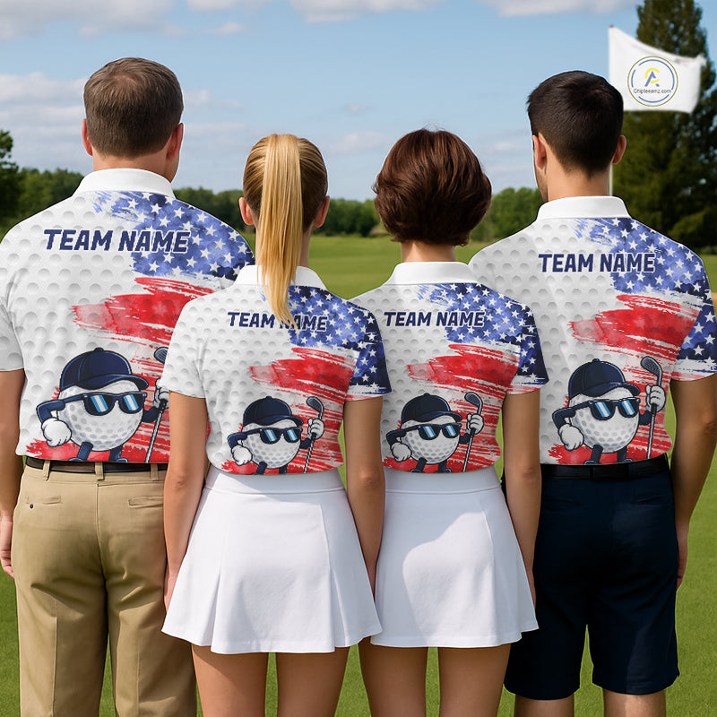 Golf team wearing matching splash painting American flag golf polos, personalized team uniforms for golf outings, summer competitions and corporate tournaments, representing creativity, unity and American spirit.