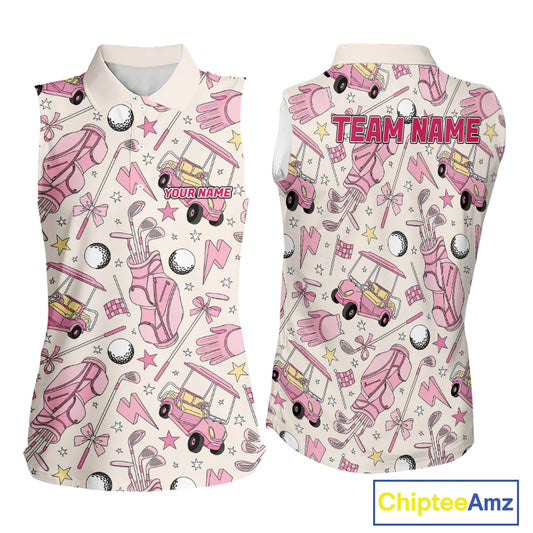 Women's sleeveless golf polo featuring pink golf balls and golf clubs, personalized ladies golf apparel for tournaments, golf vacations and women's golf teams, symbolizing friendship, confidence and golf lifestyle.