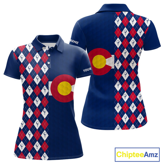 Women's Colorado golf polo with golf ball argyle graphics, performance golf shirt for golf clubs, mountain resorts and outdoor enthusiasts.
