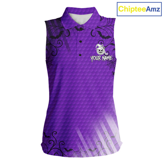 Heart Halloween Women Golf Sleeveless Polo Shirt Custom Purple Spiderweb Name Golf Shirt, Halloween Golf Gifts NYN4281